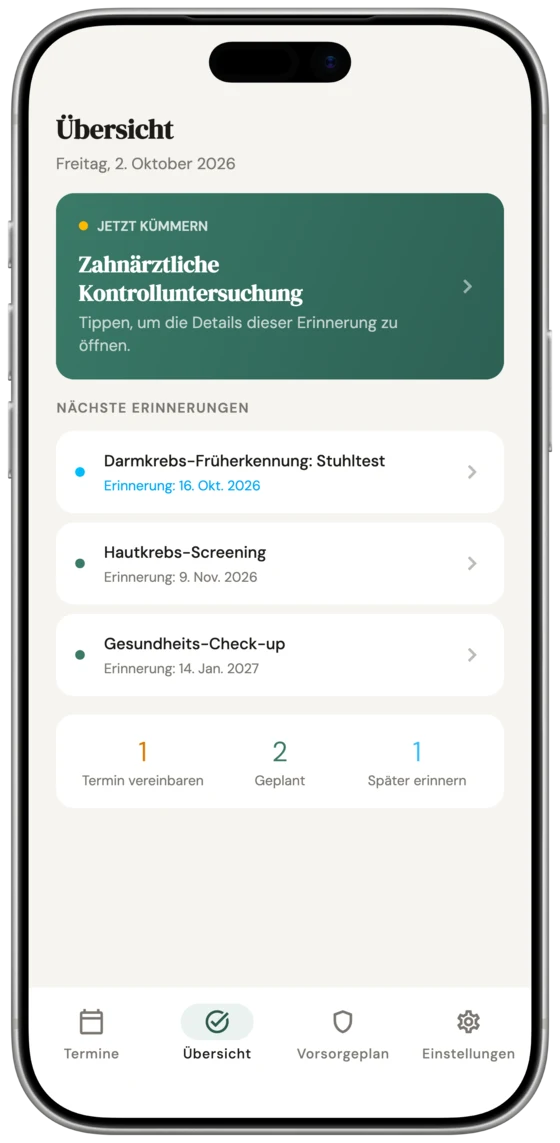 Die Übersicht der App: oben eine fällige Vorsorge, darunter die nächsten Erinnerungen